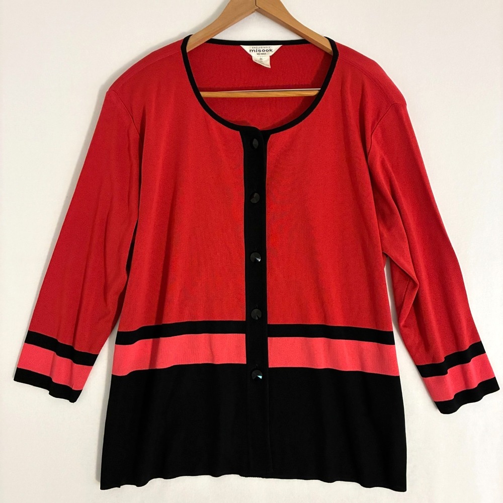 Exclusively Misook Cardigan Tunic Womens Size 3X Button‎ Colorblock Slinky Knit